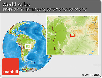 Physical Location Map of the Area around 18° 31' 34" S, 53° 28' 30" W