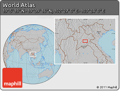 Gray Location Map of the Area around 19° 22' 18" N, 102° 55' 30" E, hill shading