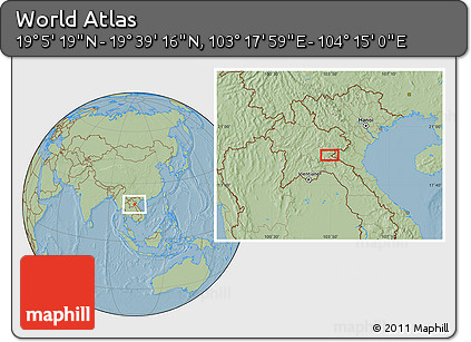 Savanna Style Location Map of the Area around 19° 22' 18" N, 103° 46' 30" E, hill shading