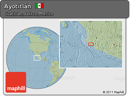 Savanna Style Location Map of Ayotitlán, hill shading