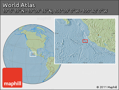 Savanna Style Location Map of the Area around 19° 22' 18" N, 106° 10' 30" W, hill shading