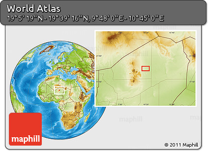 Physical Location Map of the Area around 19° 22' 18" N, 10° 16' 30" E