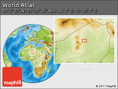 Physical Location Map of the Area around 19° 22' 18" N, 10° 16' 30" E