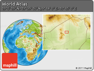 Physical Location Map of the Area around 19° 22' 18" N, 10° 16' 30" E