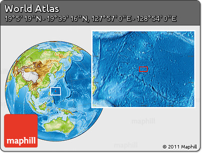 Physical Location Map of the Area around 19° 22' 18" N, 128° 25' 30" E