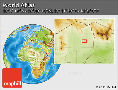 Physical Location Map of the Area around 19° 22' 18" N, 13° 40' 30" E