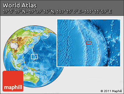Physical Location Map of the Area around 19° 22' 18" N, 143° 43' 29" E