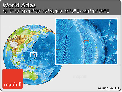 Physical Location Map of the Area around 19° 22' 18" N, 143° 43' 29" E