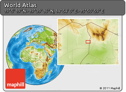 Physical Location Map of the Area around 19° 22' 18" N, 15° 22' 30" E