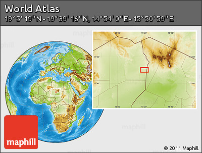 Physical Location Map of the Area around 19° 22' 18" N, 15° 22' 30" E