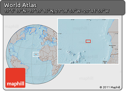 Gray Location Map of the Area around 19° 22' 18" N, 21° 10' 29" W, hill shading