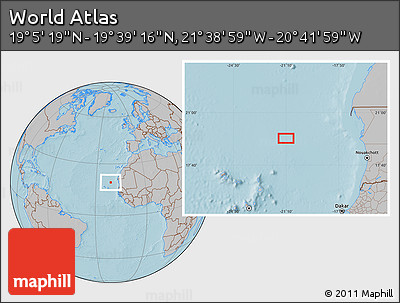 Gray Location Map of the Area around 19° 22' 18" N, 21° 10' 29" W, hill shading