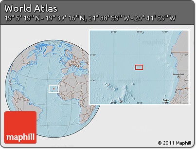 Gray Location Map of the Area around 19° 22' 18" N, 21° 10' 29" W, hill shading