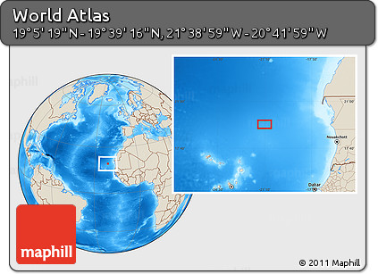 Shaded Relief Location Map of the Area around 19° 22' 18" N, 21° 10' 29" W