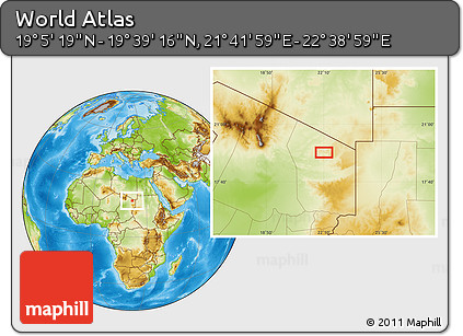 Physical Location Map of the Area around 19° 22' 18" N, 22° 10' 29" E