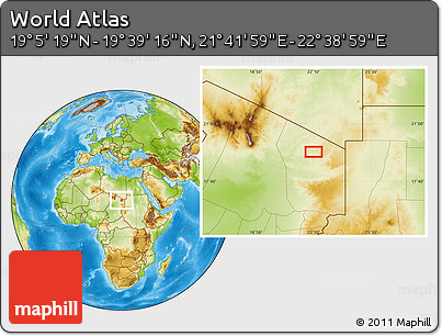 Physical Location Map of the Area around 19° 22' 18" N, 22° 10' 29" E