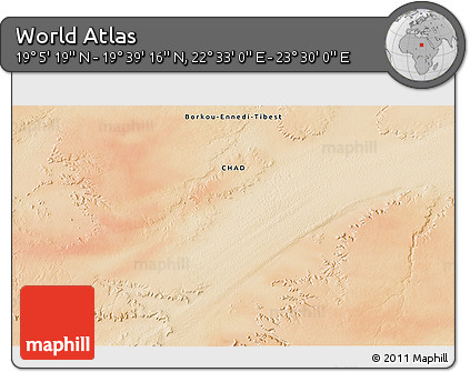 Satellite 3D Map of the Area around 19° 22' 18" N, 23° 1' 29" E