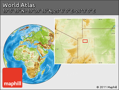 Physical Location Map of the Area around 19° 22' 18" N, 25° 34' 30" E