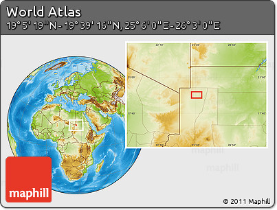Physical Location Map of the Area around 19° 22' 18" N, 25° 34' 30" E