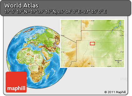 Physical Location Map of the Area around 19° 22' 18" N, 27° 16' 29" E