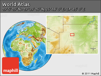 Physical Location Map of the Area around 19° 22' 18" N, 27° 16' 29" E