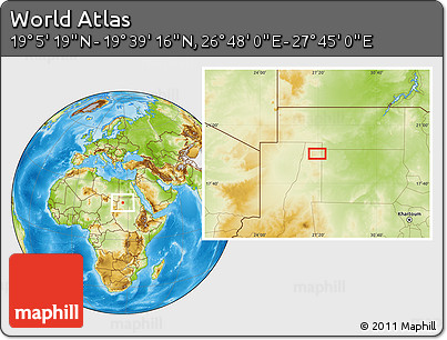 Physical Location Map of the Area around 19° 22' 18" N, 27° 16' 29" E