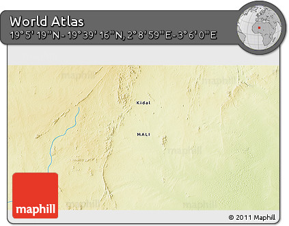 Physical 3D Map of the Area around 19° 22' 18" N, 2° 37' 30" E