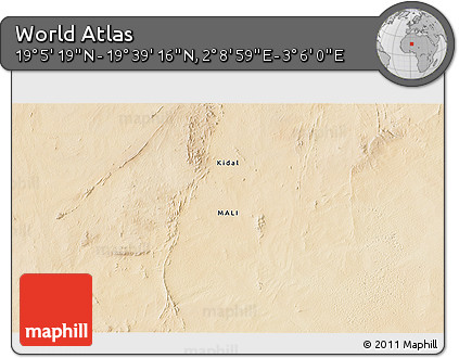 Satellite 3D Map of the Area around 19° 22' 18" N, 2° 37' 30" E