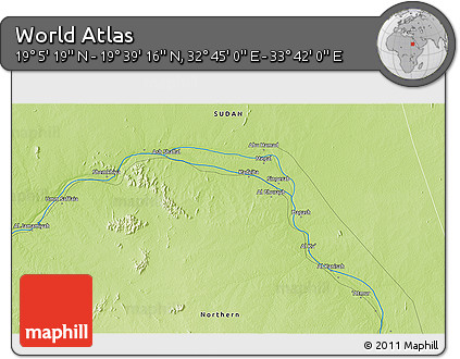 Physical 3D Map of the Area around 19° 22' 18" N, 33° 13' 30" E