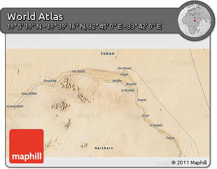 Satellite 3D Map of the Area around 19° 22' 18" N, 33° 13' 30" E