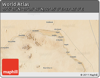 Satellite 3D Map of the Area around 19° 22' 18" N, 33° 13' 30" E