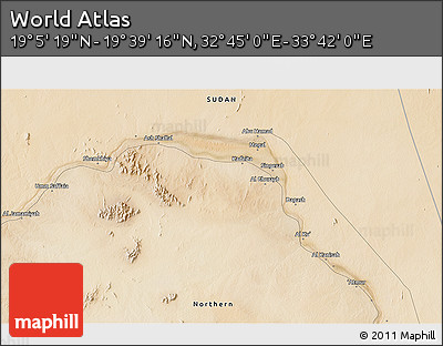 Satellite 3D Map of the Area around 19° 22' 18" N, 33° 13' 30" E