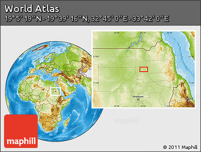 Physical Location Map of the Area around 19° 22' 18" N, 33° 13' 30" E