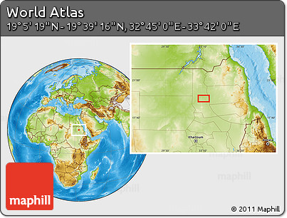 Physical Location Map of the Area around 19° 22' 18" N, 33° 13' 30" E