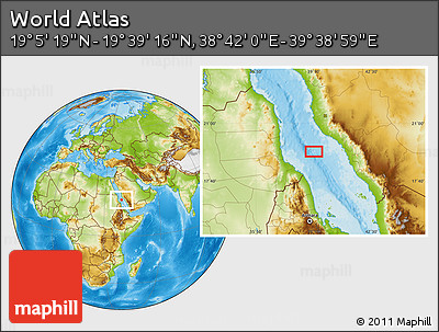 Physical Location Map of the Area around 19° 22' 18" N, 39° 10' 29" E