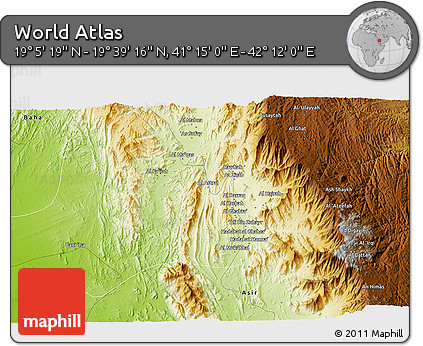 Physical 3D Map of the Area around 19° 22' 18" N, 41° 43' 30" E