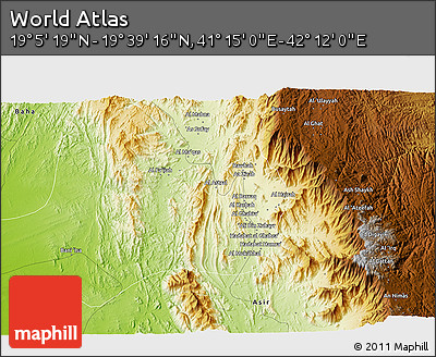 Physical 3D Map of the Area around 19° 22' 18" N, 41° 43' 30" E