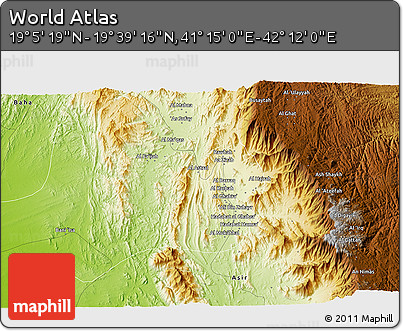 Physical 3D Map of the Area around 19° 22' 18" N, 41° 43' 30" E