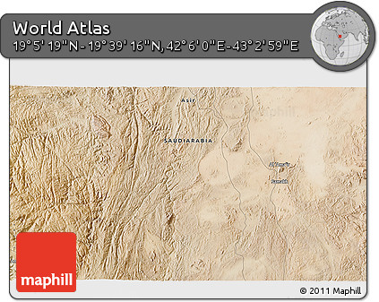 Satellite 3D Map of the Area around 19° 22' 18" N, 42° 34' 30" E