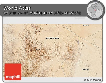 Satellite 3D Map of the Area around 19° 22' 18" N, 44° 16' 29" E