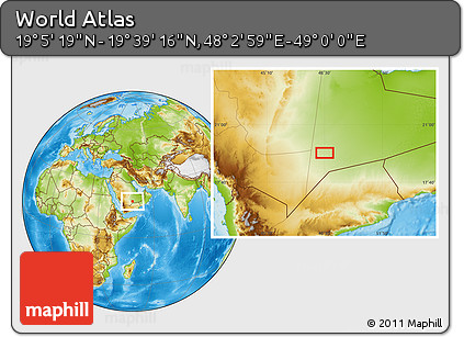Physical Location Map of the Area around 19° 22' 18" N, 48° 31' 29" E