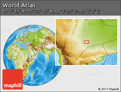 Physical Location Map of the Area around 19° 22' 18" N, 48° 31' 29" E