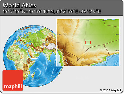 Physical Location Map of the Area around 19° 22' 18" N, 48° 31' 29" E