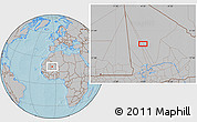 Gray Location Map of the area around 19° 22' 18" N, 4° 10' 30" W, hill shading