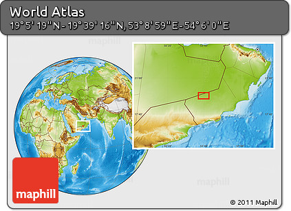 Physical Location Map of the Area around 19° 22' 18" N, 53° 37' 30" E