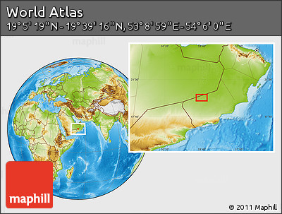 Physical Location Map of the Area around 19° 22' 18" N, 53° 37' 30" E