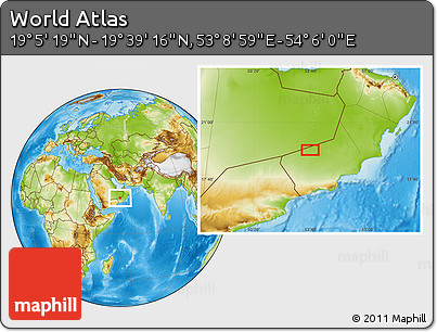 Physical Location Map of the Area around 19° 22' 18" N, 53° 37' 30" E