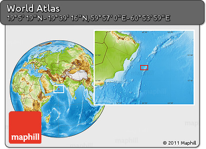 Physical Location Map of the Area around 19° 22' 18" N, 60° 25' 29" E