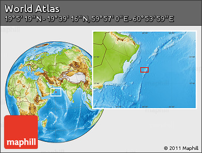 Physical Location Map of the Area around 19° 22' 18" N, 60° 25' 29" E