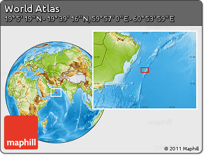 Physical Location Map of the Area around 19° 22' 18" N, 60° 25' 29" E